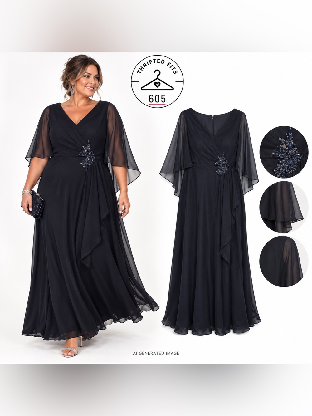 Mother of the Bride dress.  Black sleeveless with sheer sleeve overlay.